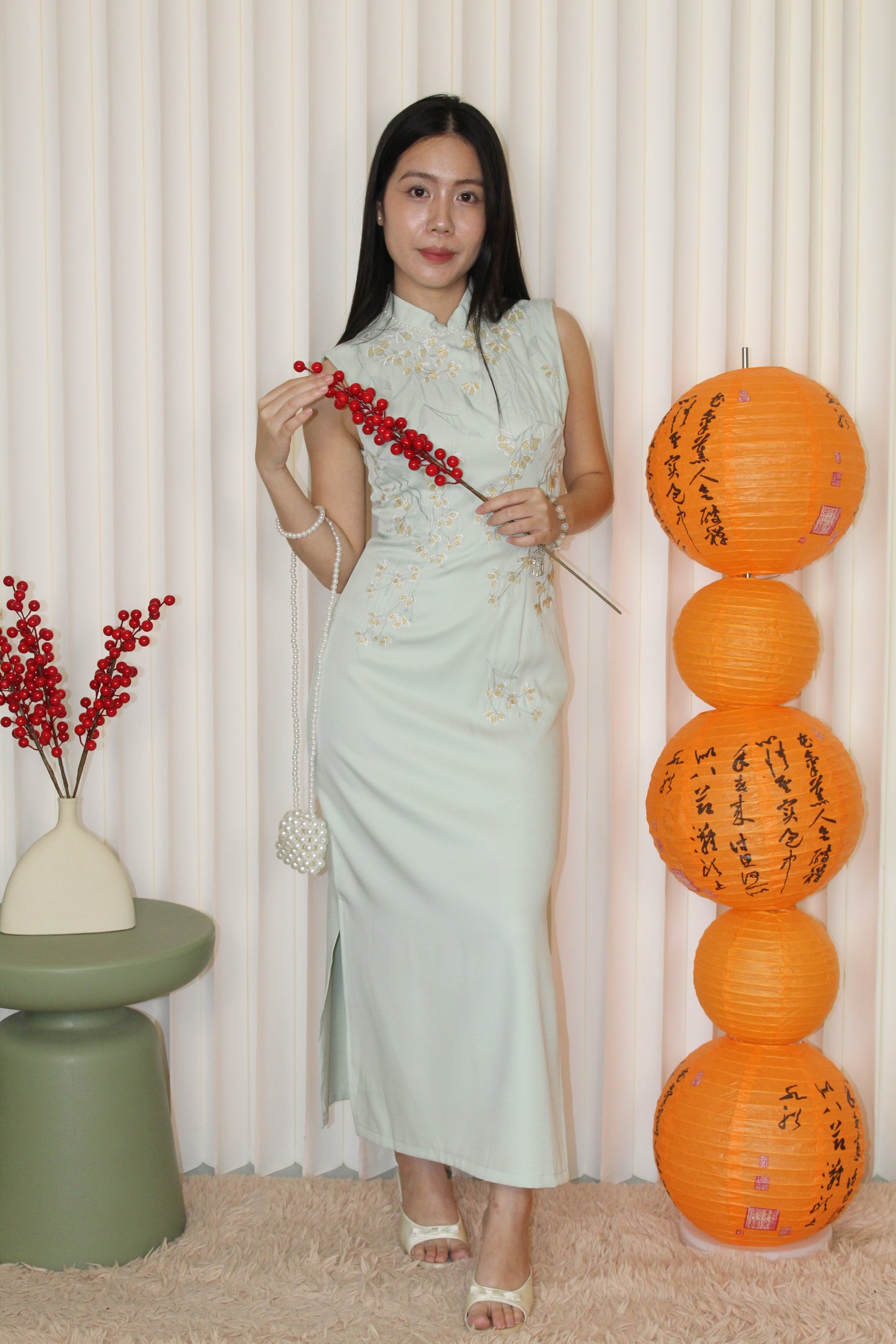 Theodora Embroidered Cheongsam Dress (Green)