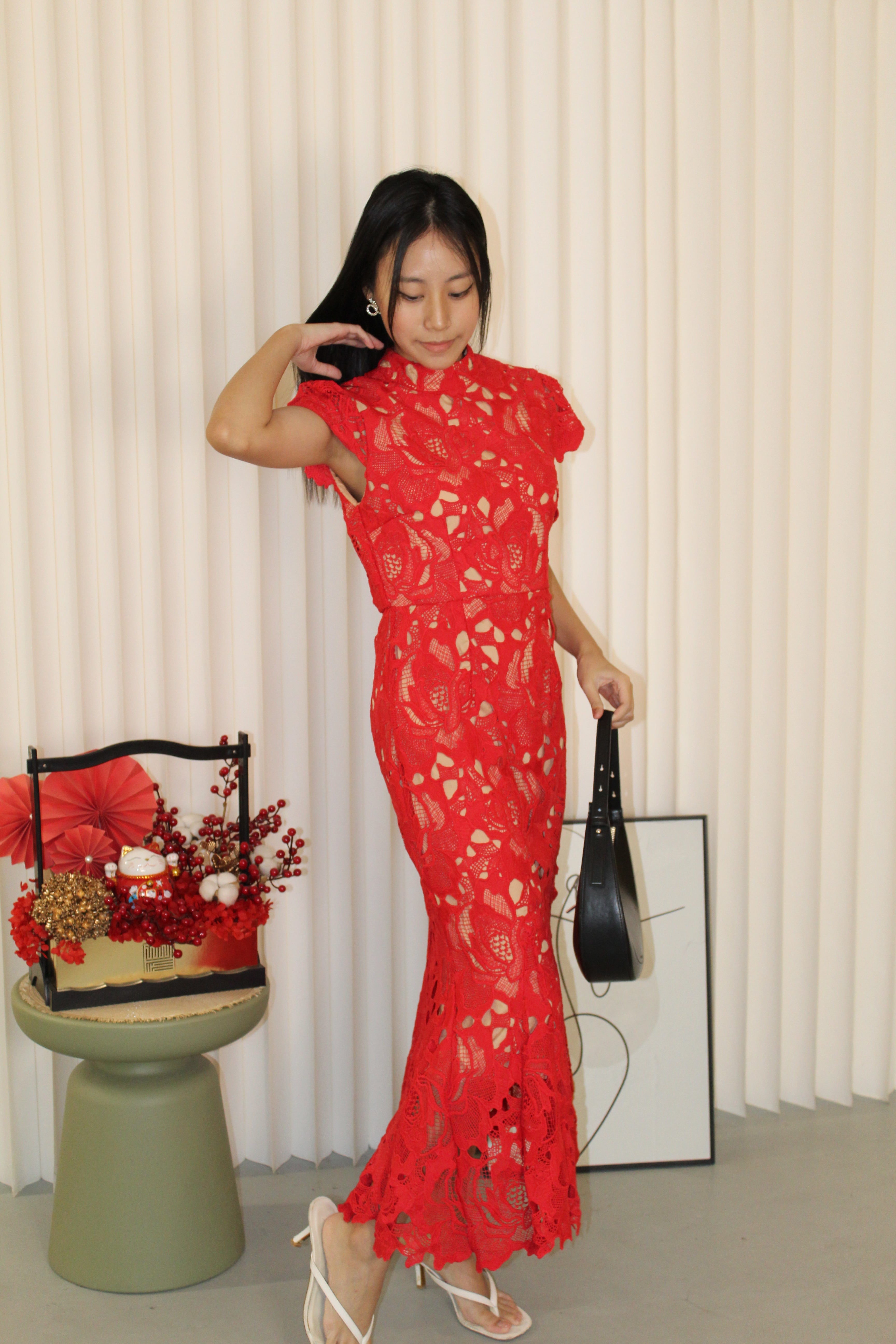 Janice Lace Fish Tail Midaxi Dress (Red)