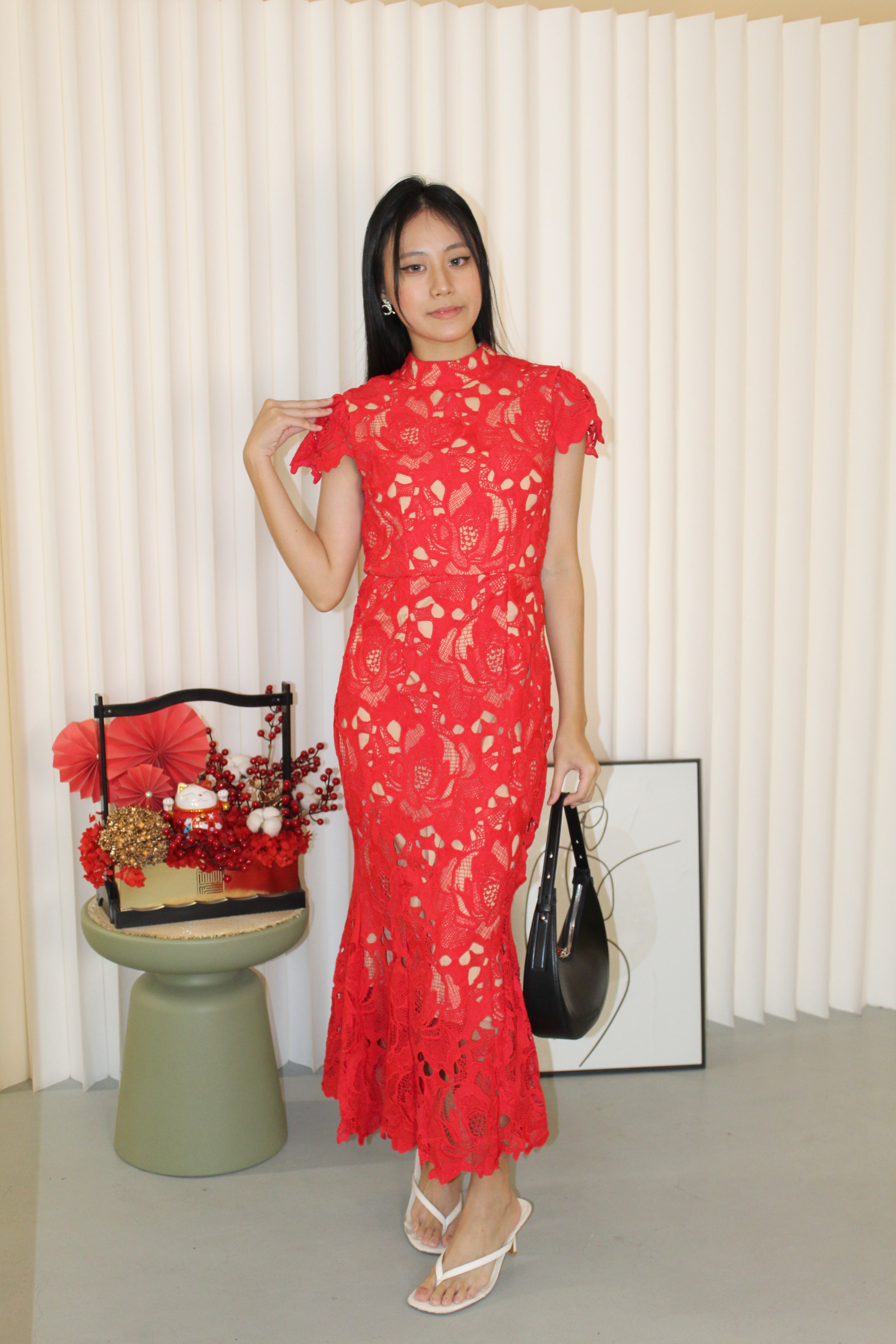 Janice Lace Fish Tail Midaxi Dress (Red)