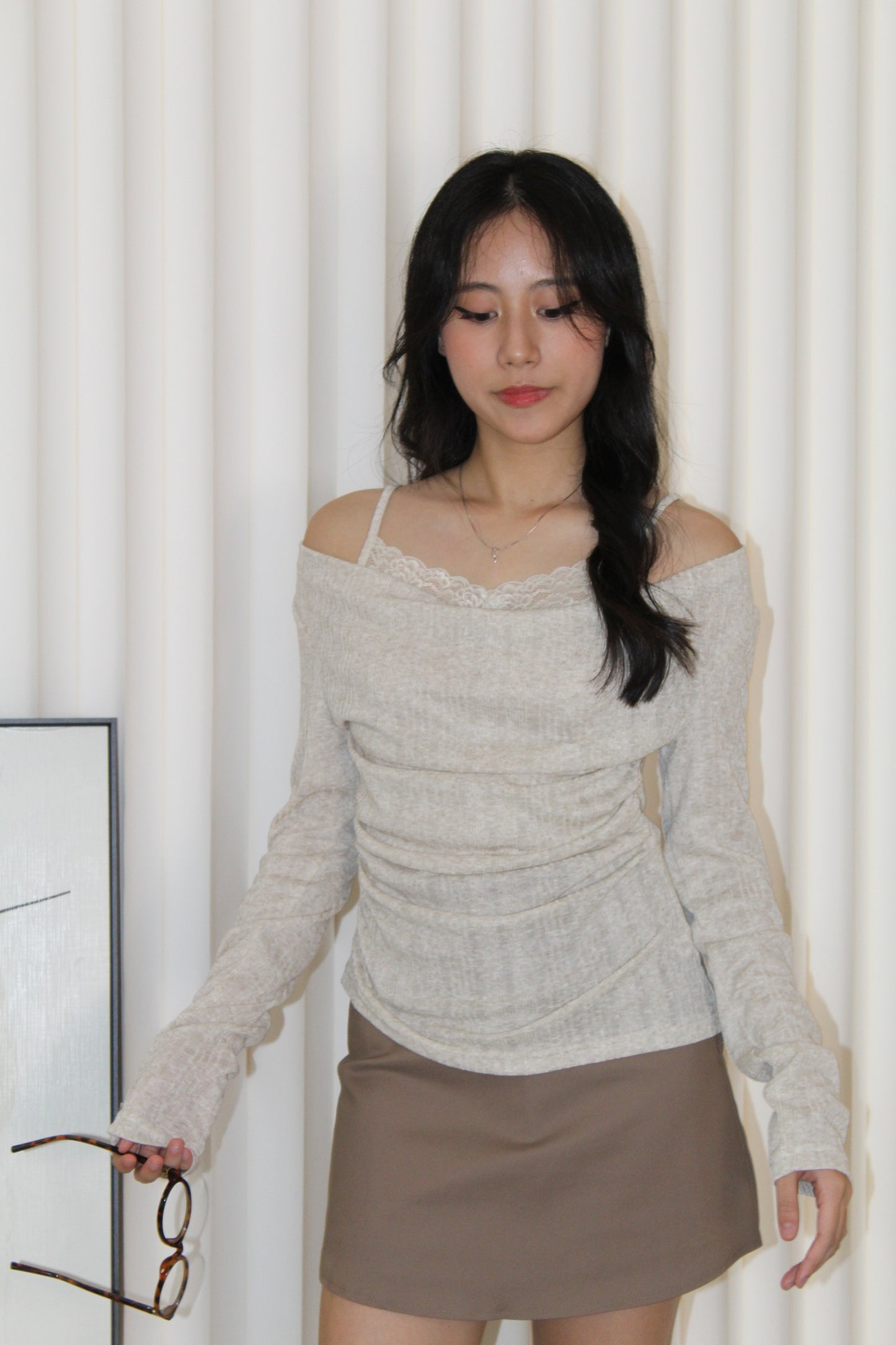 Felicia Lace Long Sleeve Top (Khaki)