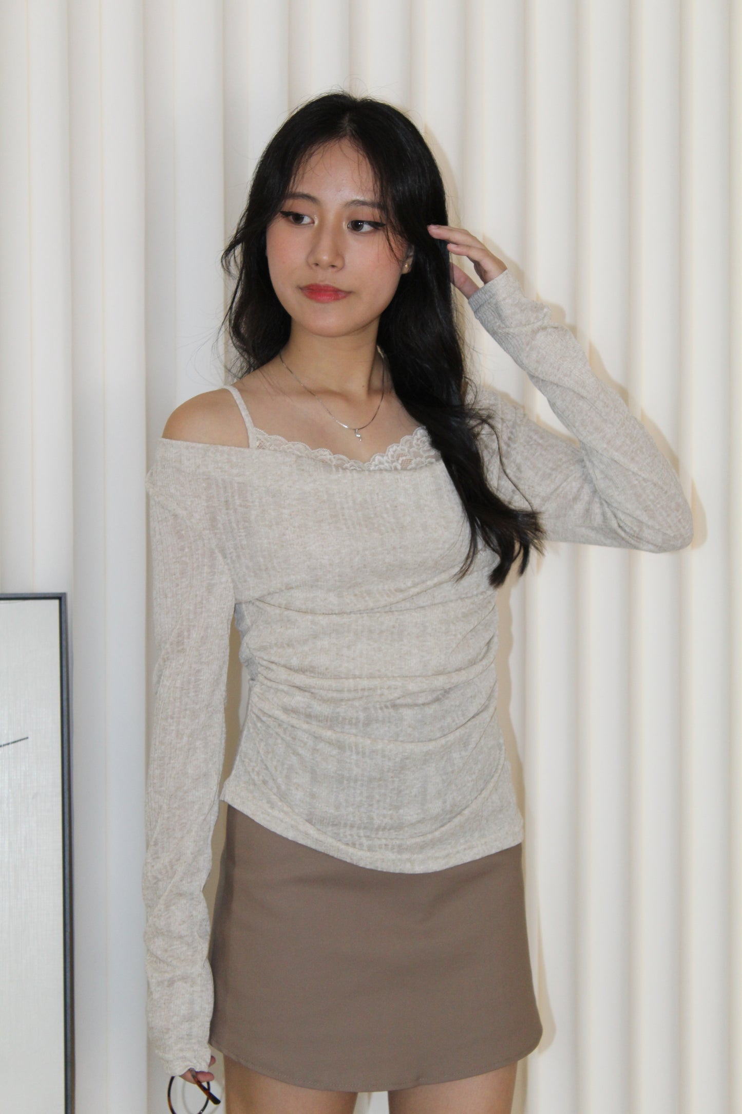 Felicia Lace Long Sleeve Top (Khaki)