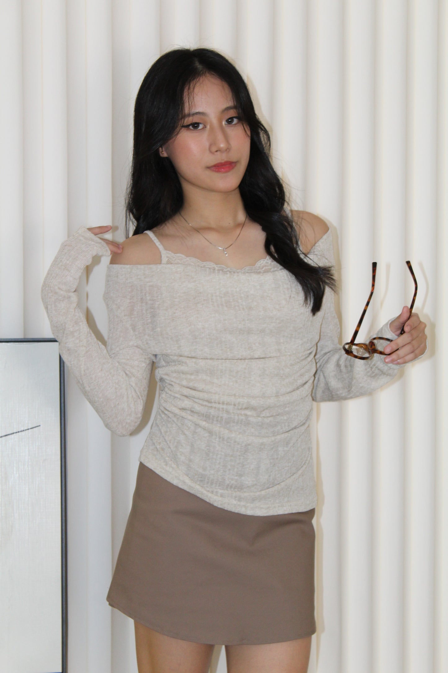 Felicia Lace Long Sleeve Top (Khaki)