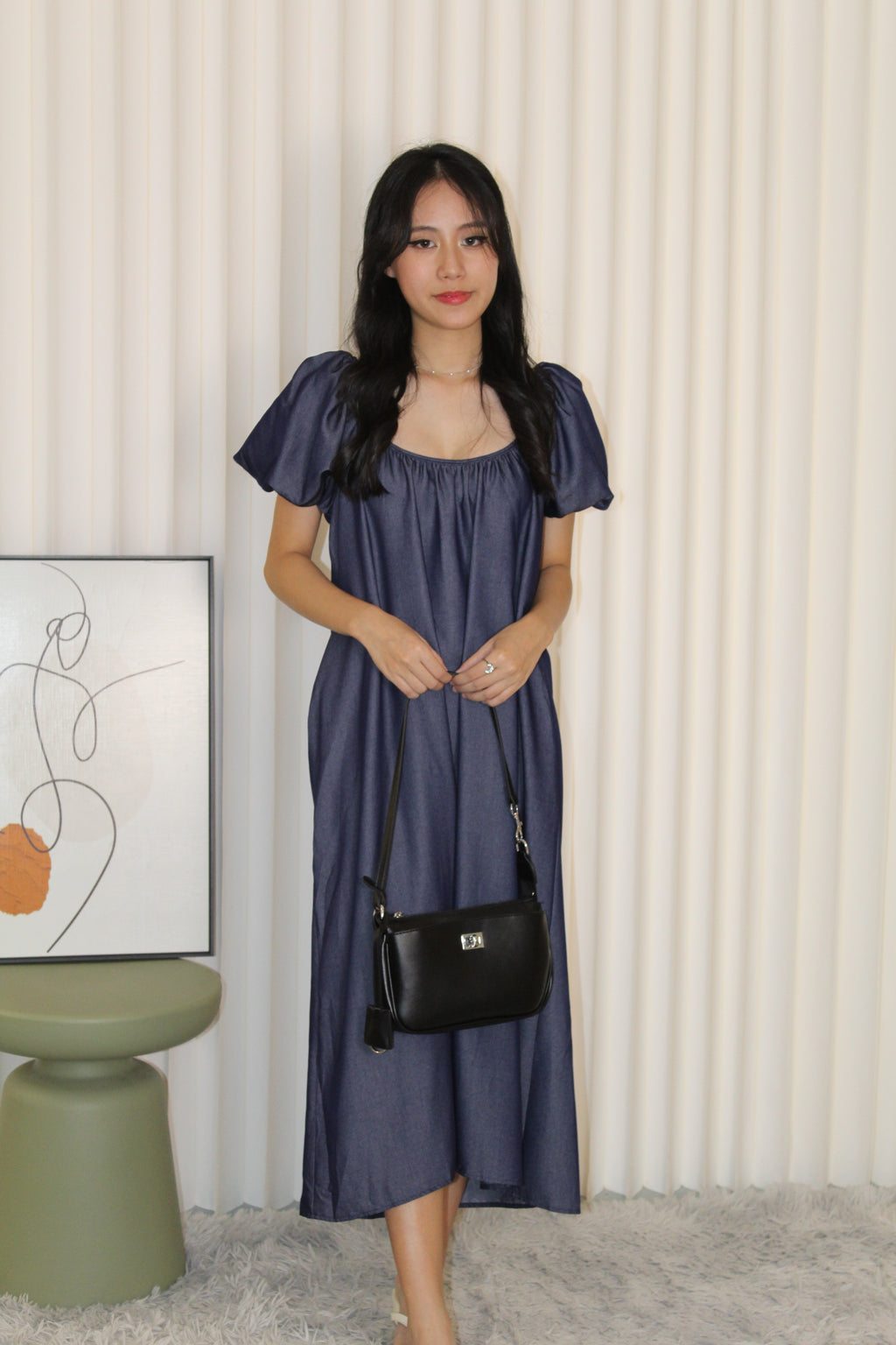Delaney Puffy Straight Midi Dress (Blue)