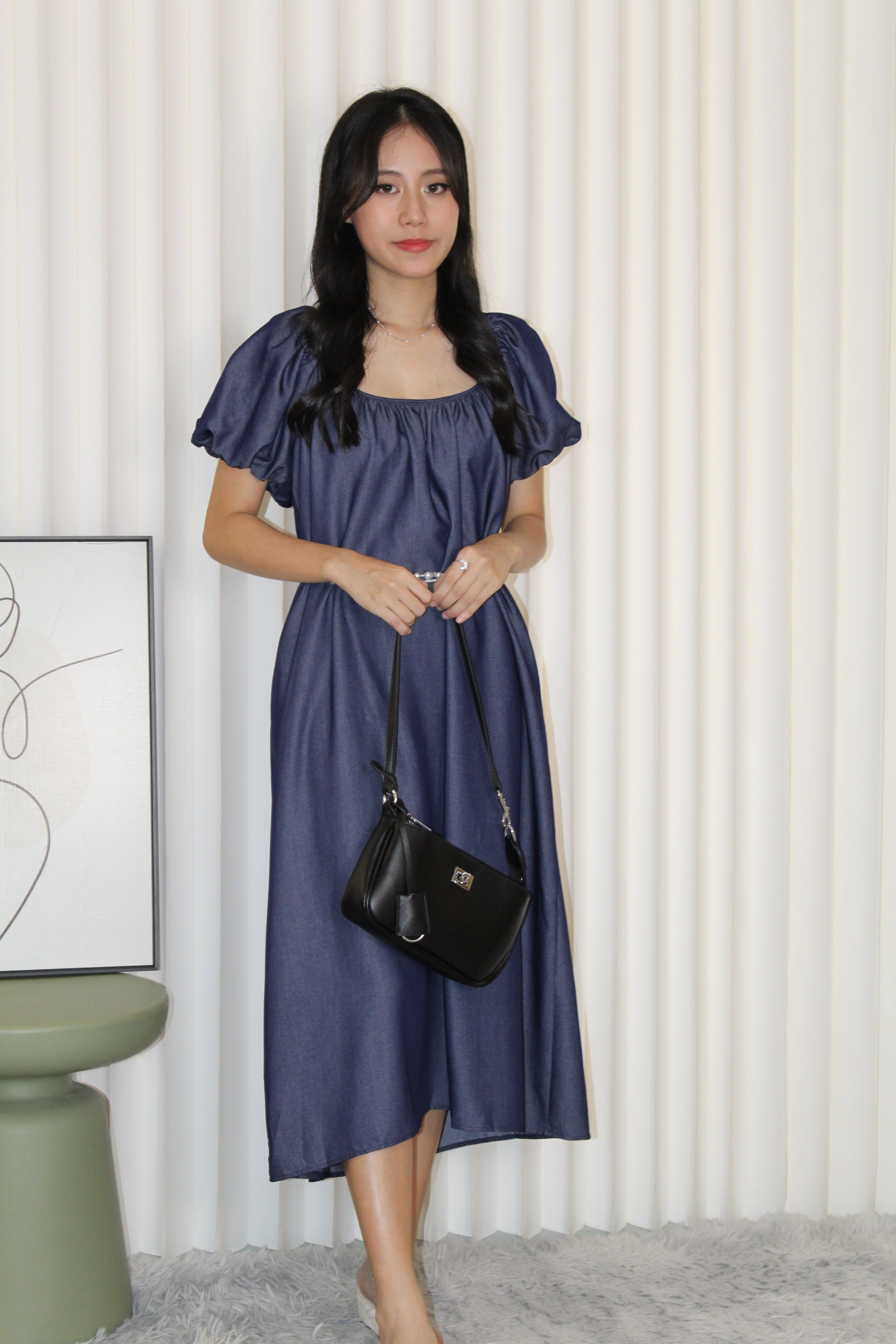 Delaney Puffy Straight Midi Dress (Blue)