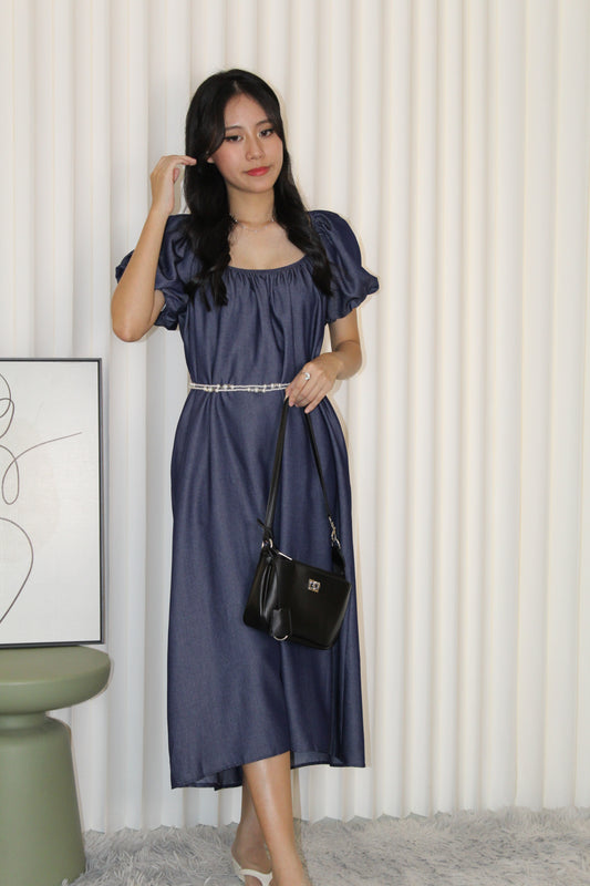 Delaney Puffy Straight Midi Dress (Blue)