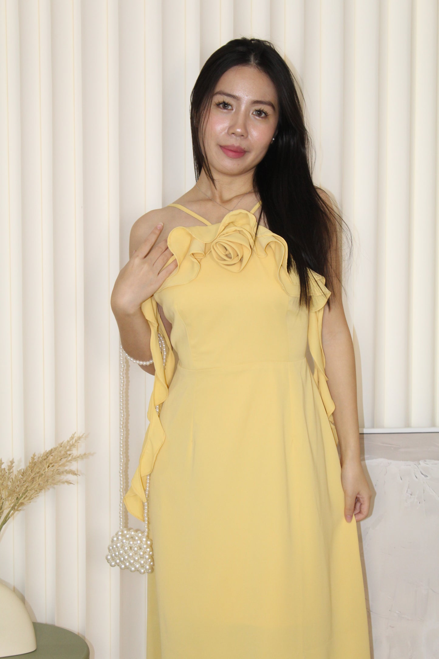 Ella Halter Ruffle Midaxi Dress (Yellow)