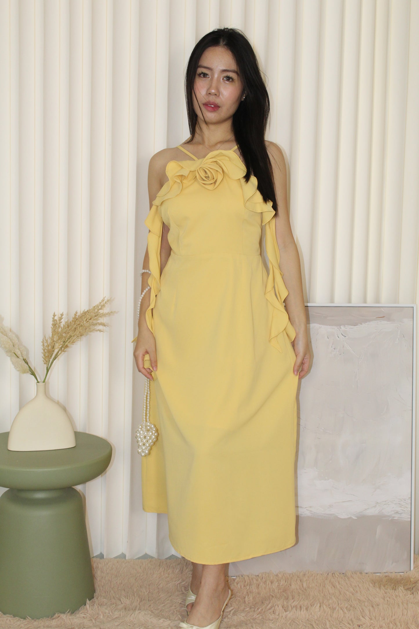 Ella Halter Ruffle Midaxi Dress (Yellow)