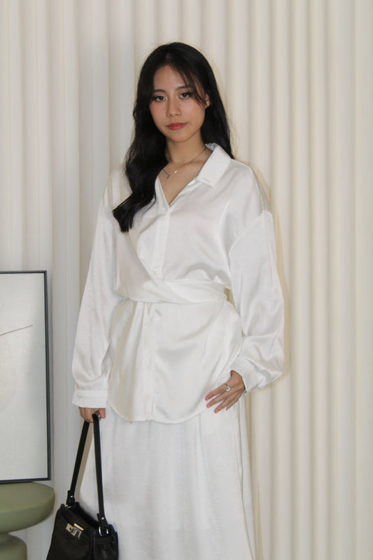 Calluna Satin Two Piece Skirt Set (White)