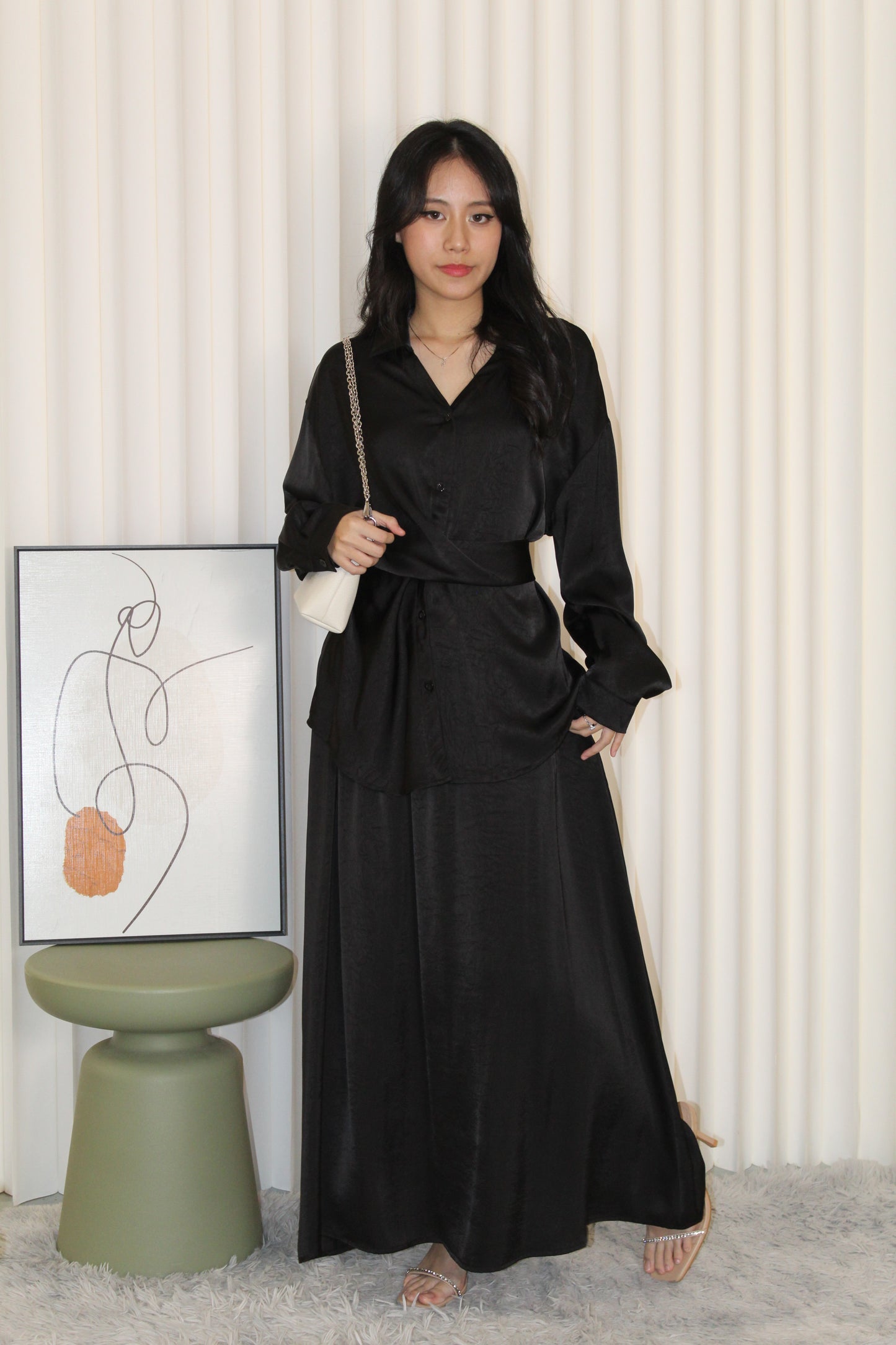 Calluna Satin Two Piece Skirt Set (Black)