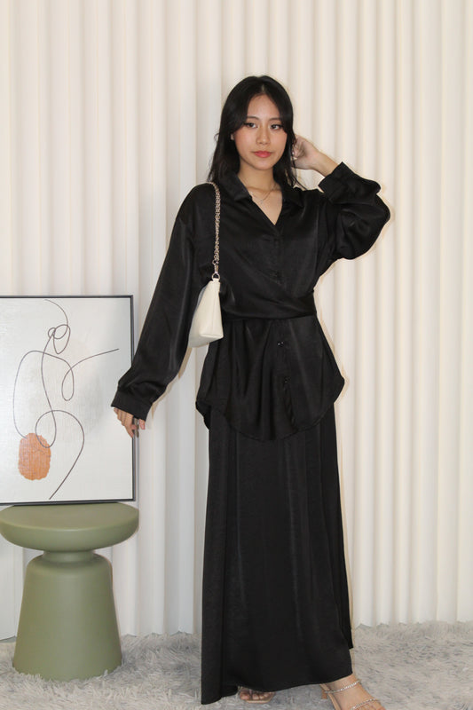 Calluna Satin Two Piece Skirt Set (Black)