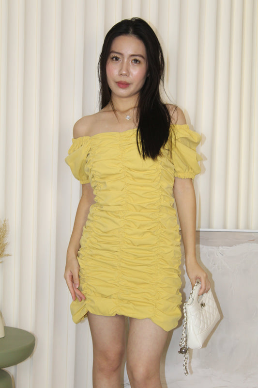 Nyssa Puff Sleeve Ruched Dress (Yellow)