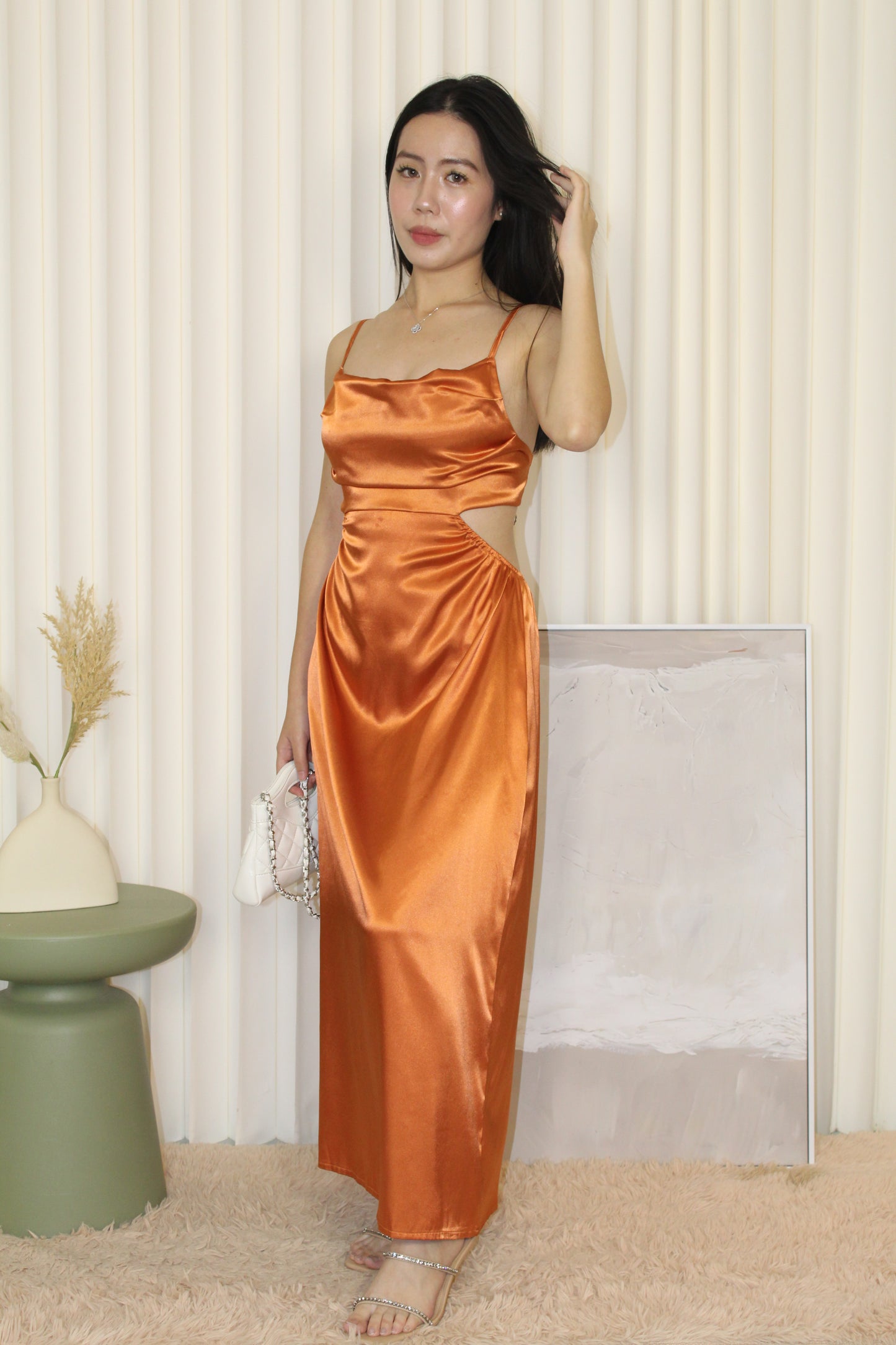 Camille Cut In Satin Dress (Brown)