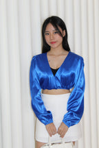 Slimey Satin Long Sleeve Crop Top (Blue)