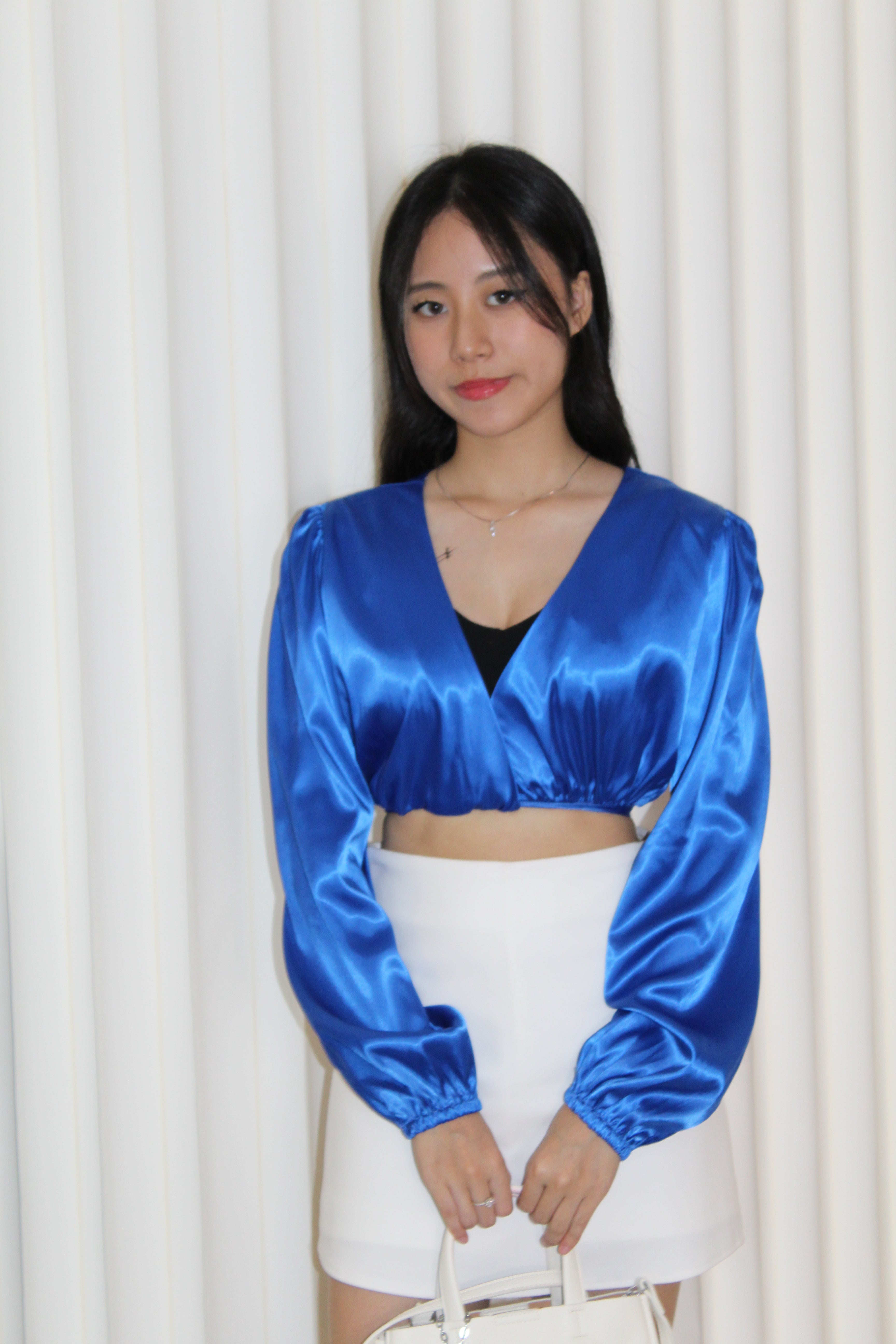 Slimey Satin Long Sleeve Crop Top (Blue)