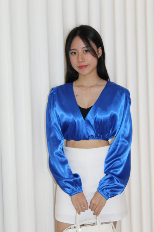 Slimey Satin Long Sleeve Crop Top (Blue)