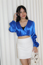 Slimey Satin Long Sleeve Crop Top (Blue)