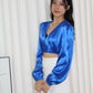 Slimey Satin Long Sleeve Crop Top (Blue)