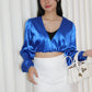 Slimey Satin Long Sleeve Crop Top (Blue)