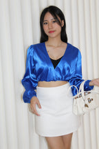 Slimey Satin Long Sleeve Crop Top (Blue)
