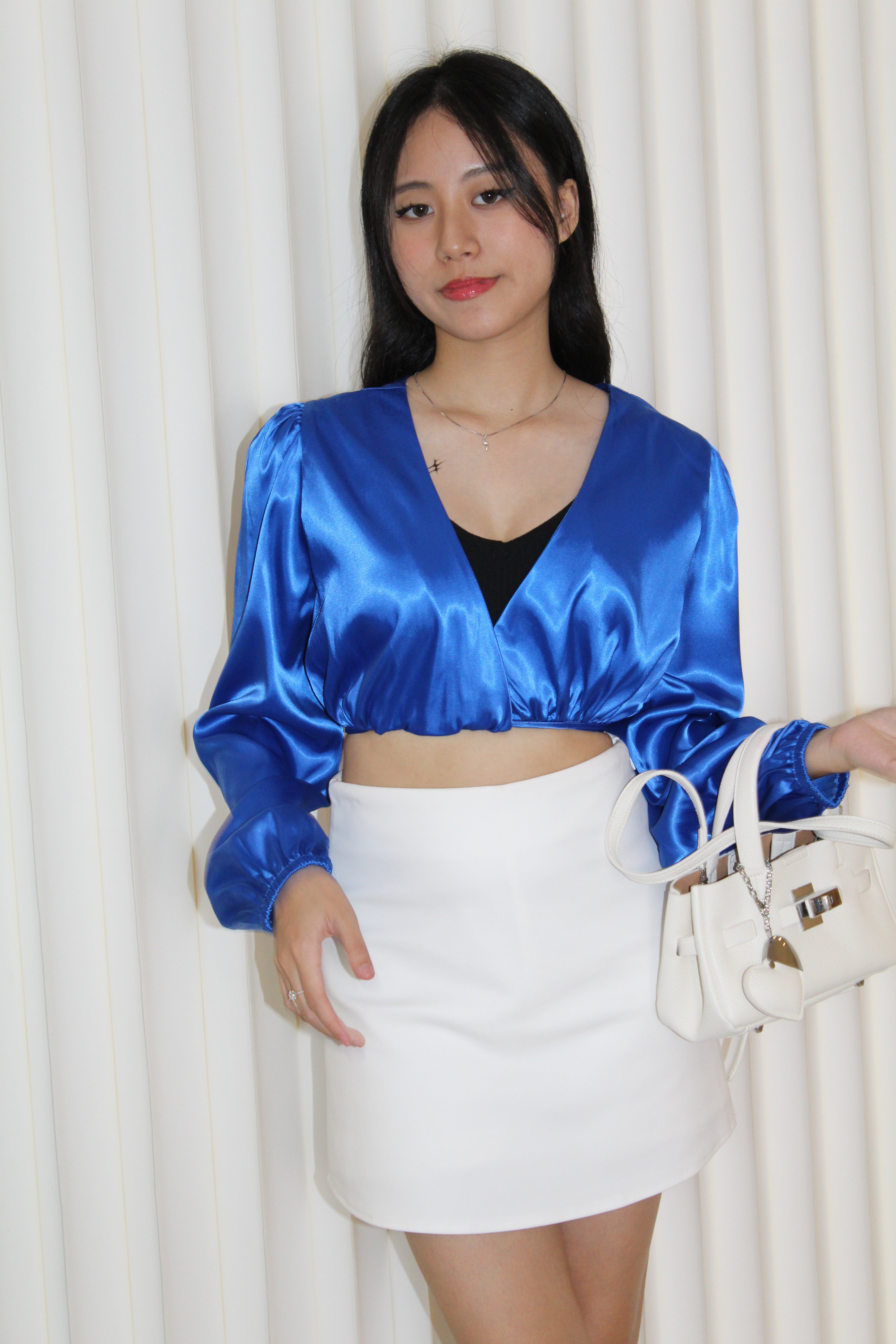 Slimey Satin Long Sleeve Crop Top (Blue)