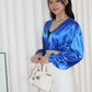 Slimey Satin Long Sleeve Crop Top (Blue)