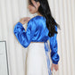 Slimey Satin Long Sleeve Crop Top (Blue)