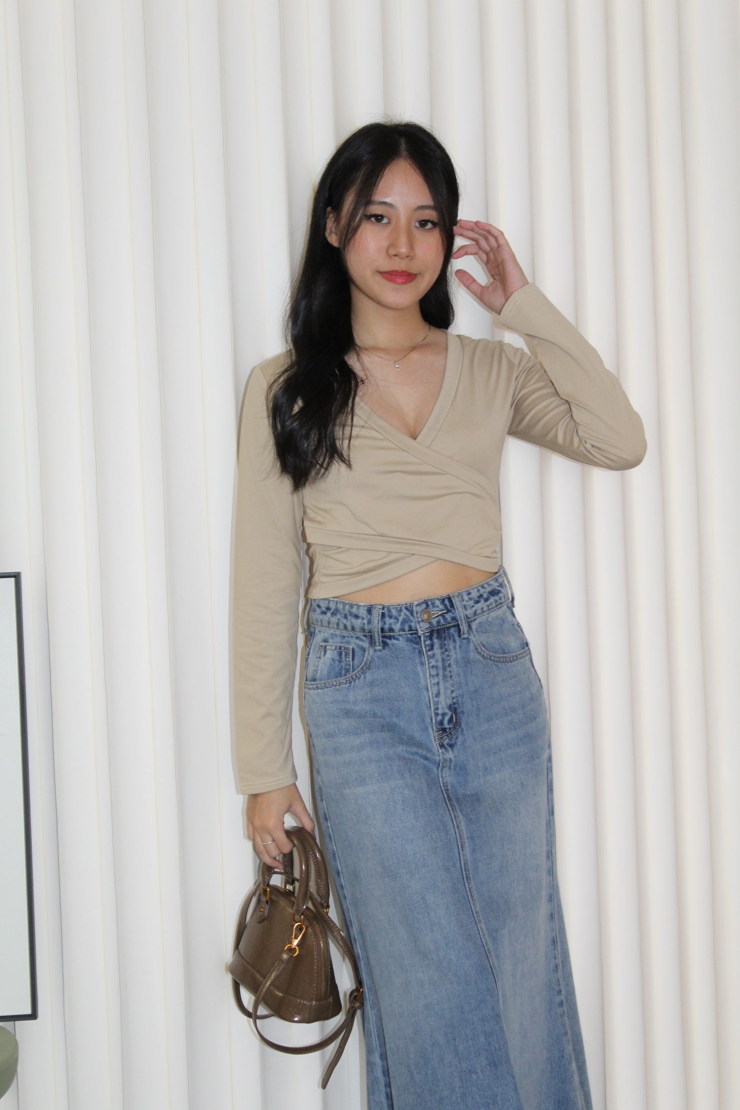 Amber Cross Long Sleeve Top (Khaki)