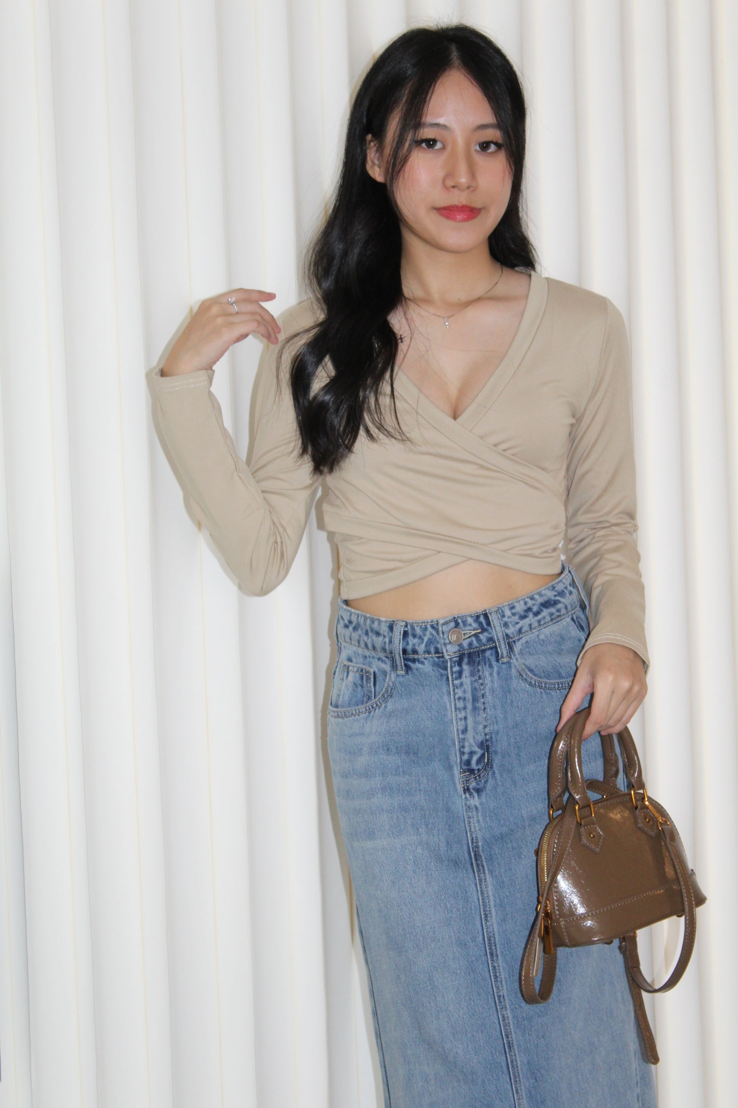 Amber Cross Long Sleeve Top (Khaki)