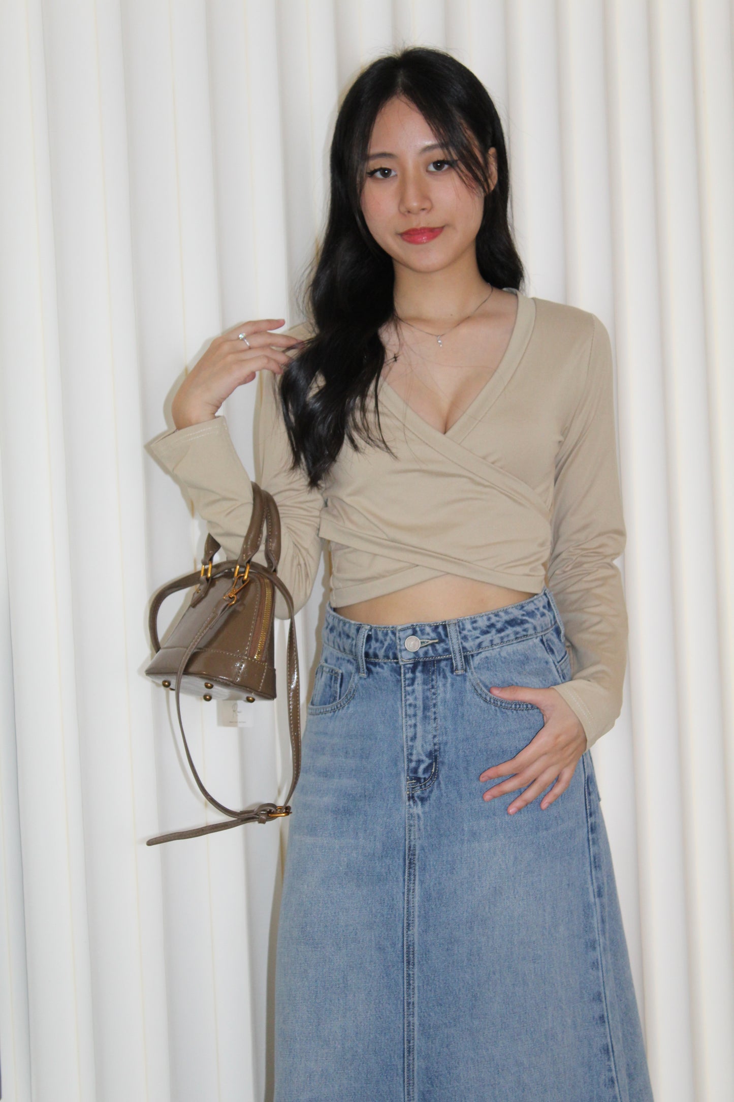 Amber Cross Long Sleeve Top (Khaki)