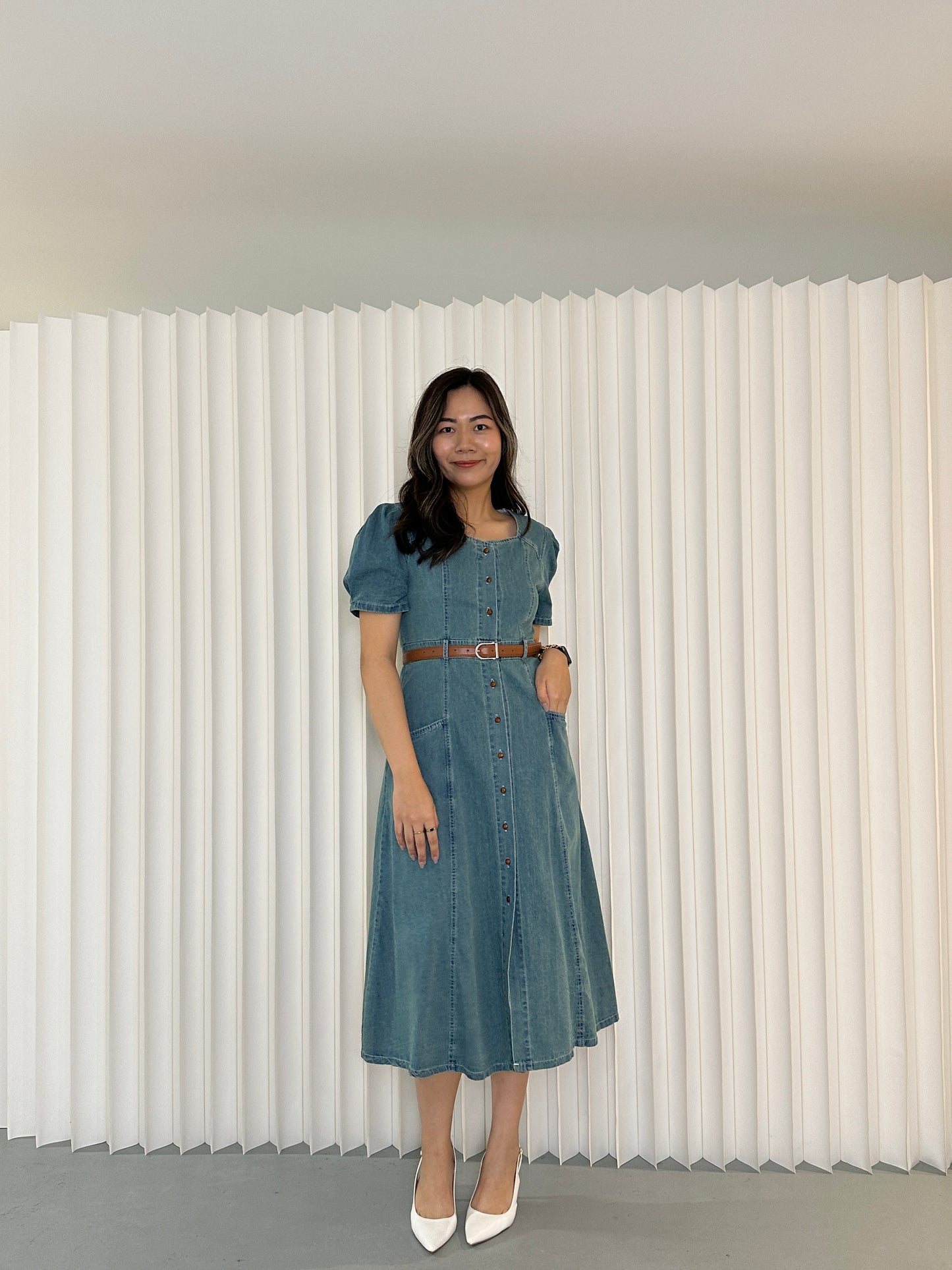 Rachel Denim Button Up Midi Dress (Blue)