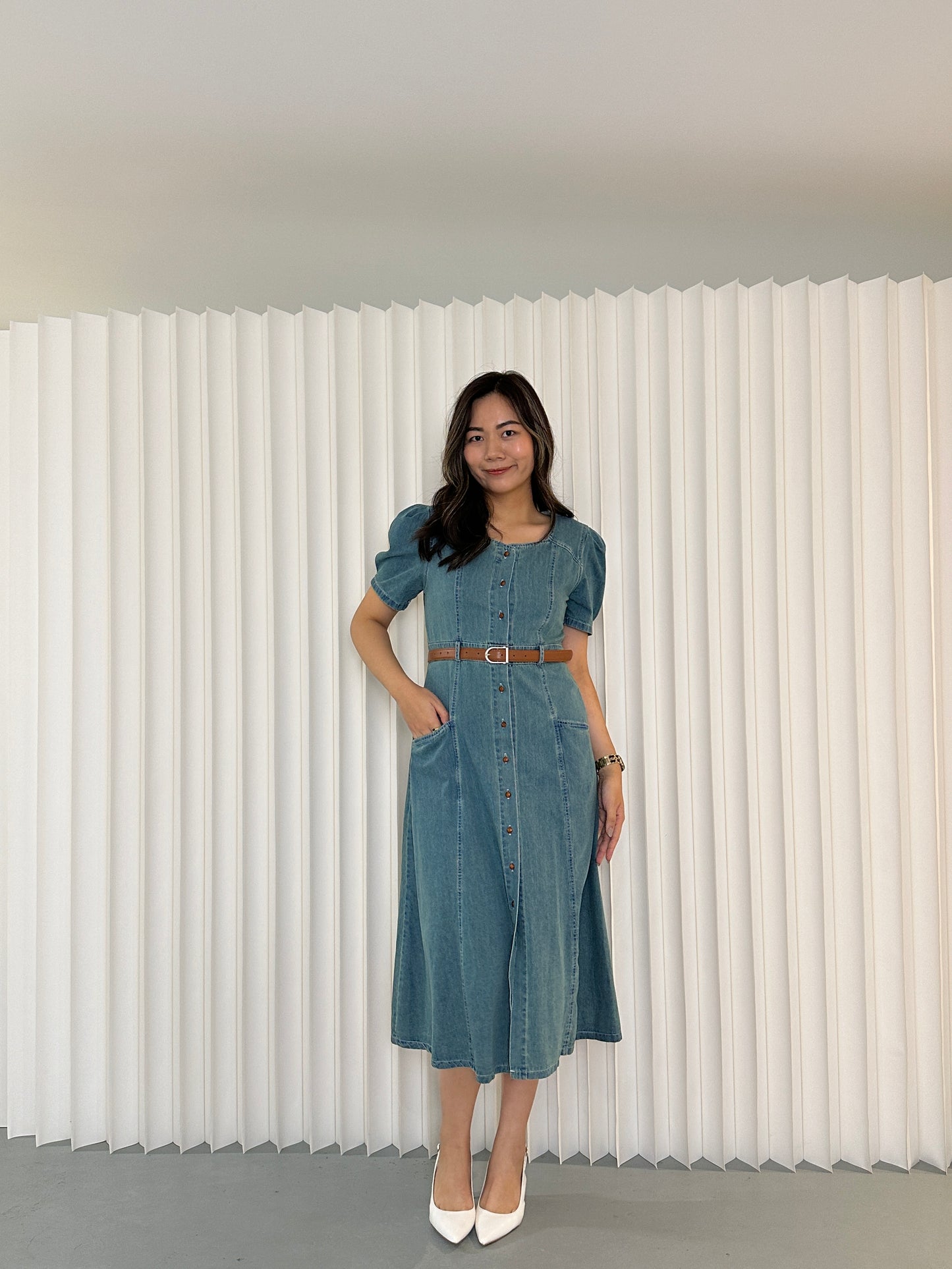 Rachel Denim Button Up Midi Dress (Blue)