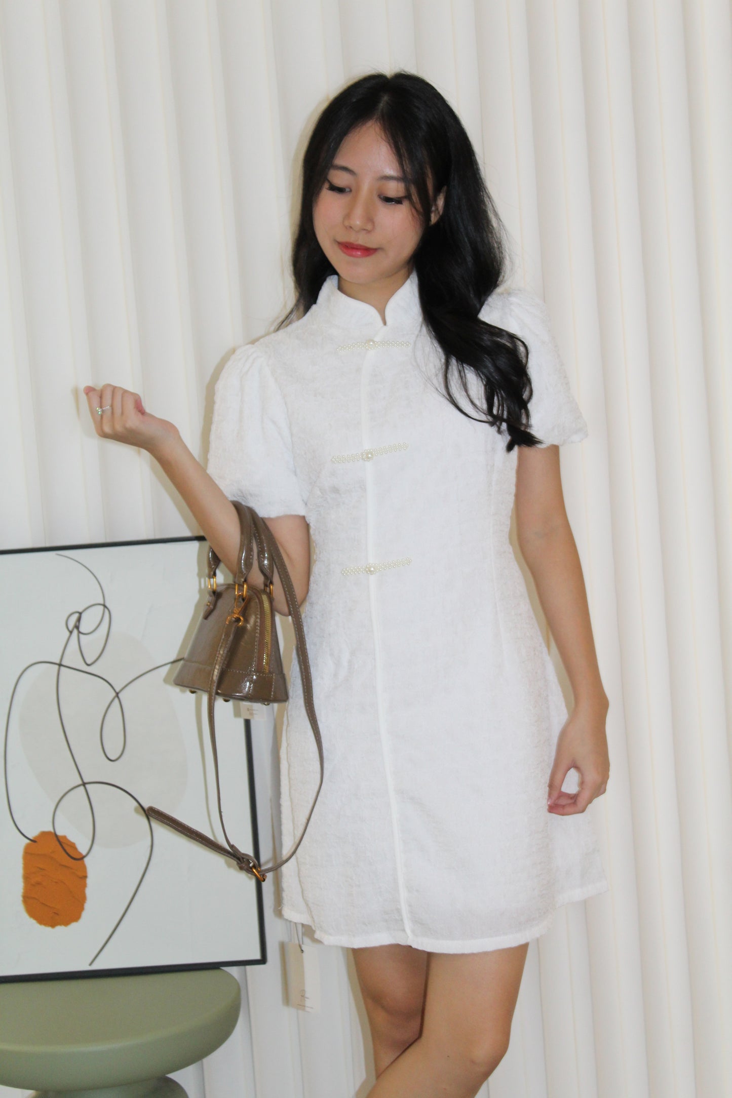 Demi Textured Mini Cheongsam Dress (White)