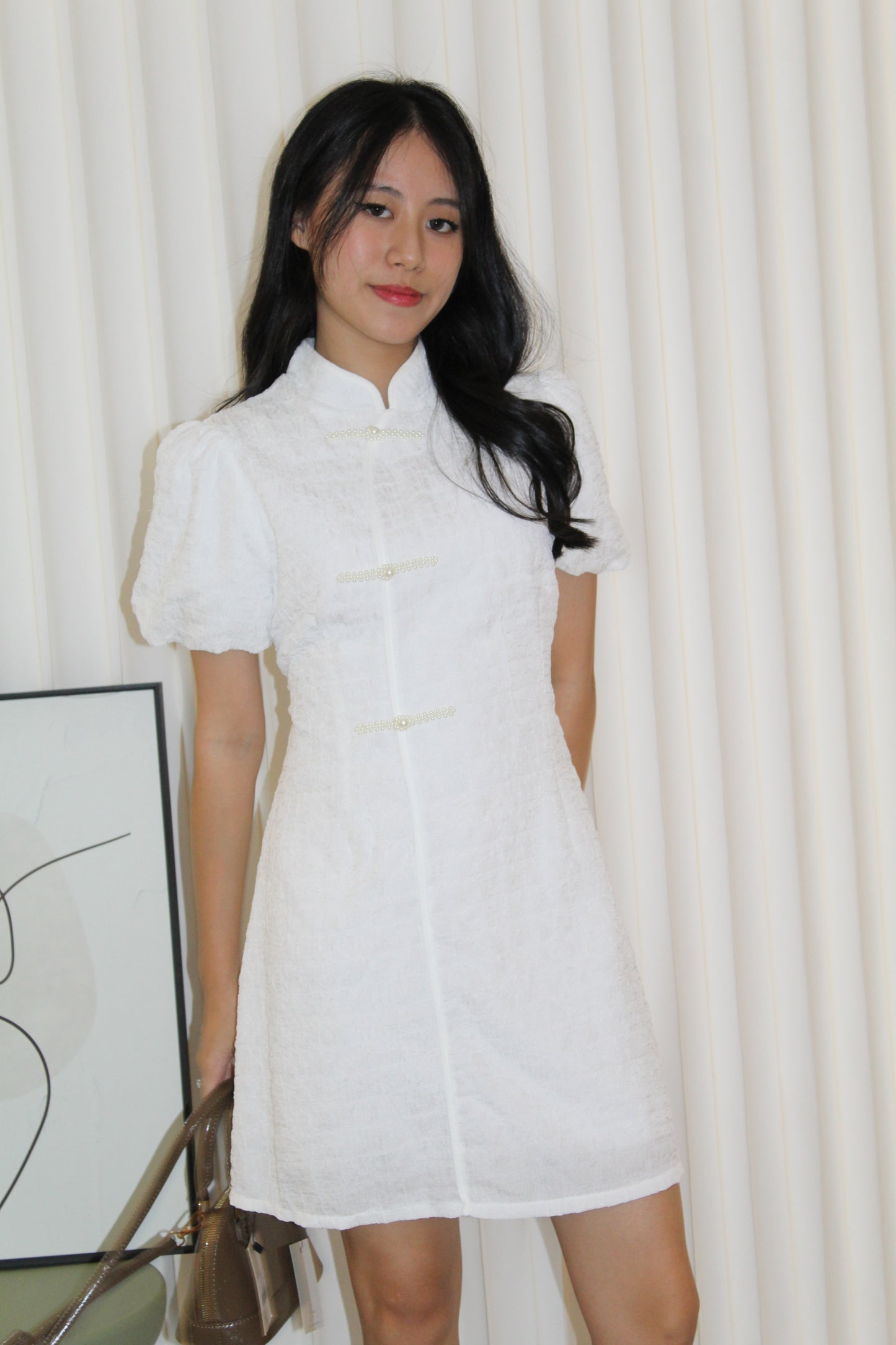 Demi Textured Mini Cheongsam Dress (White)