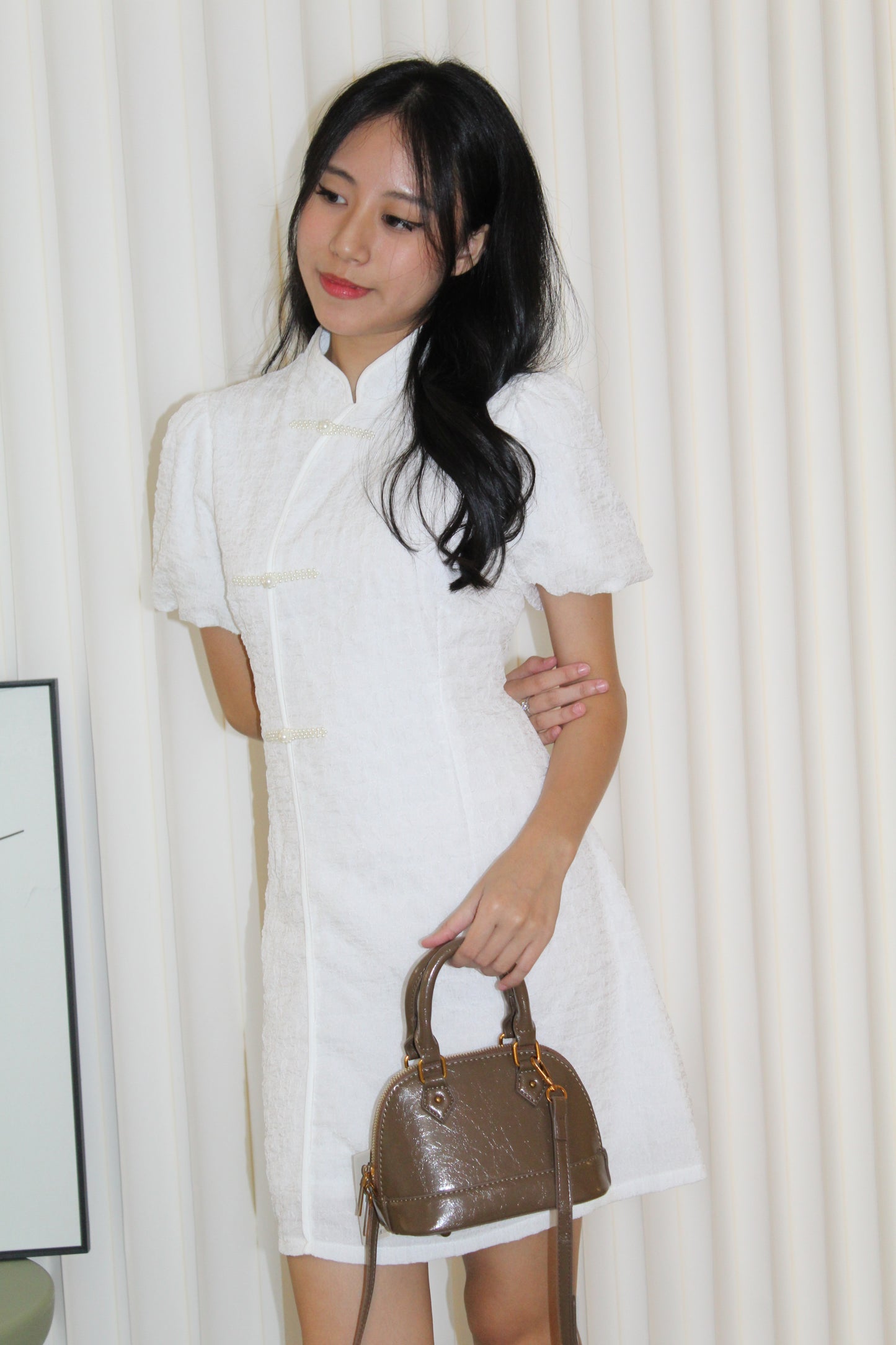 Demi Textured Mini Cheongsam Dress (White)