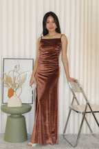 Sophie Velvet Bare Back Maxi Dress (Brown)
