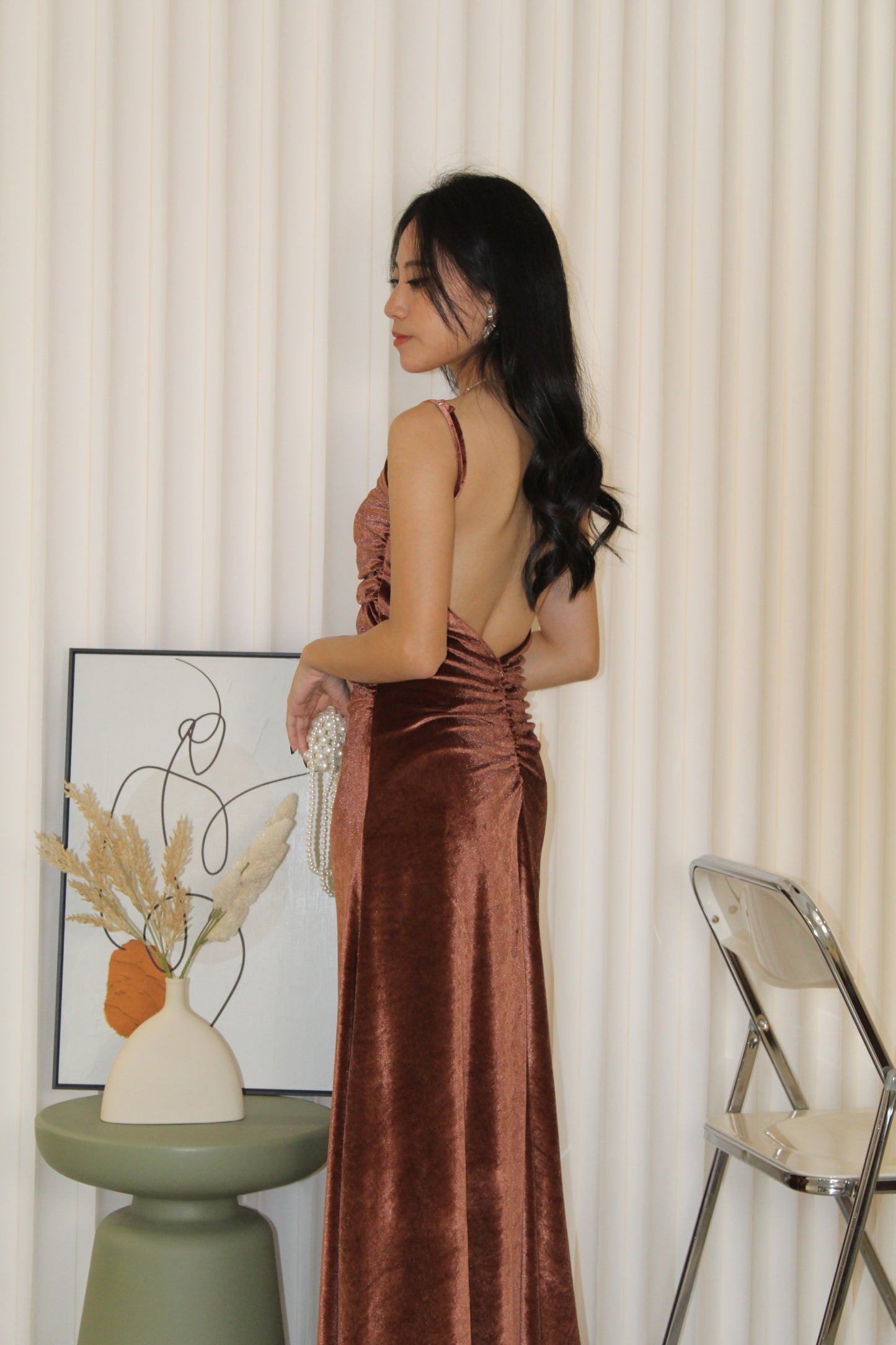 Sophie Velvet Bare Back Maxi Dress (Brown)