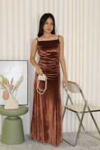 Sophie Velvet Bare Back Maxi Dress (Brown)