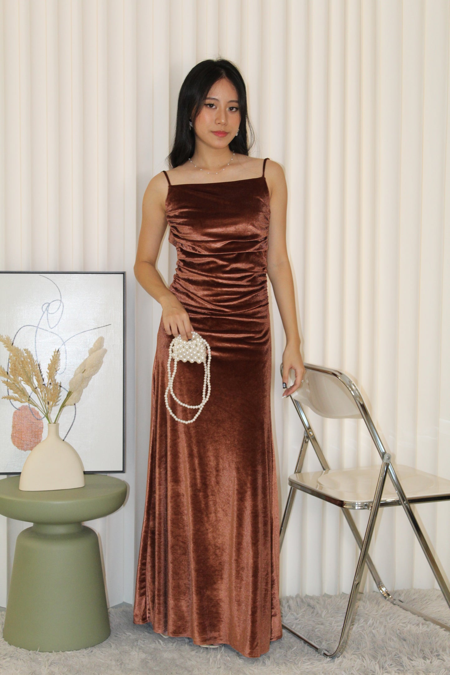 Sophie Velvet Bare Back Maxi Dress (Brown)