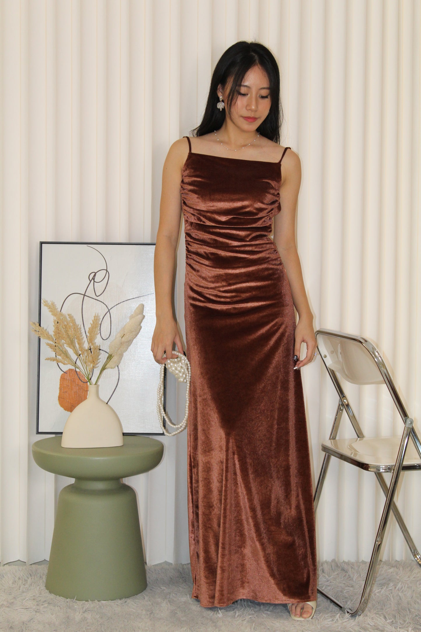 Sophie Velvet Bare Back Maxi Dress (Brown)