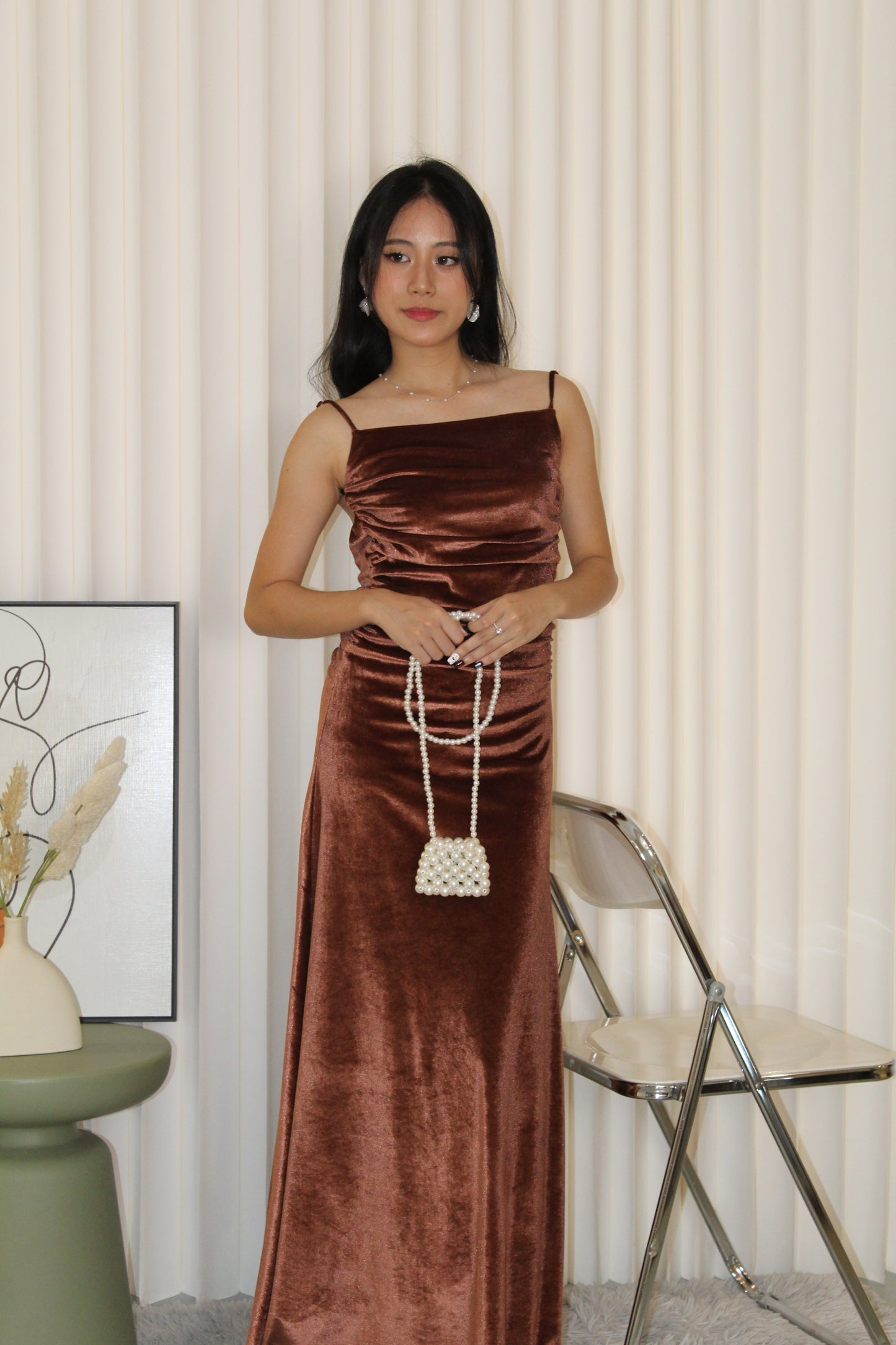 Sophie Velvet Bare Back Maxi Dress (Brown)