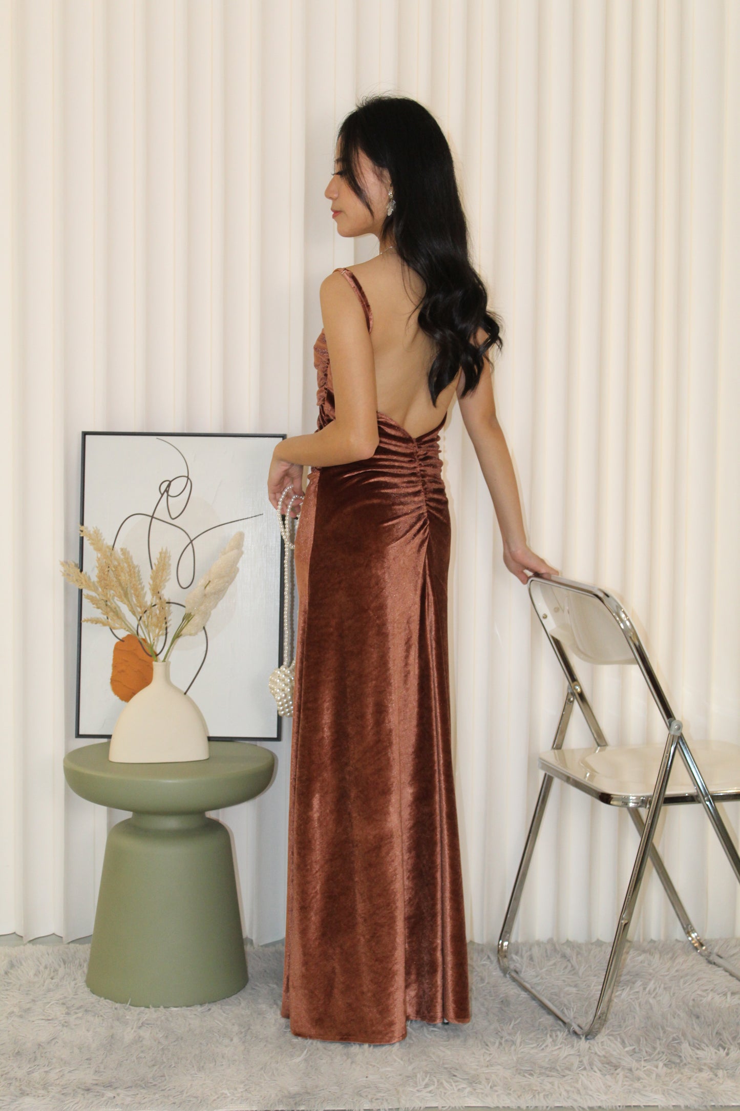 Sophie Velvet Bare Back Maxi Dress (Brown)