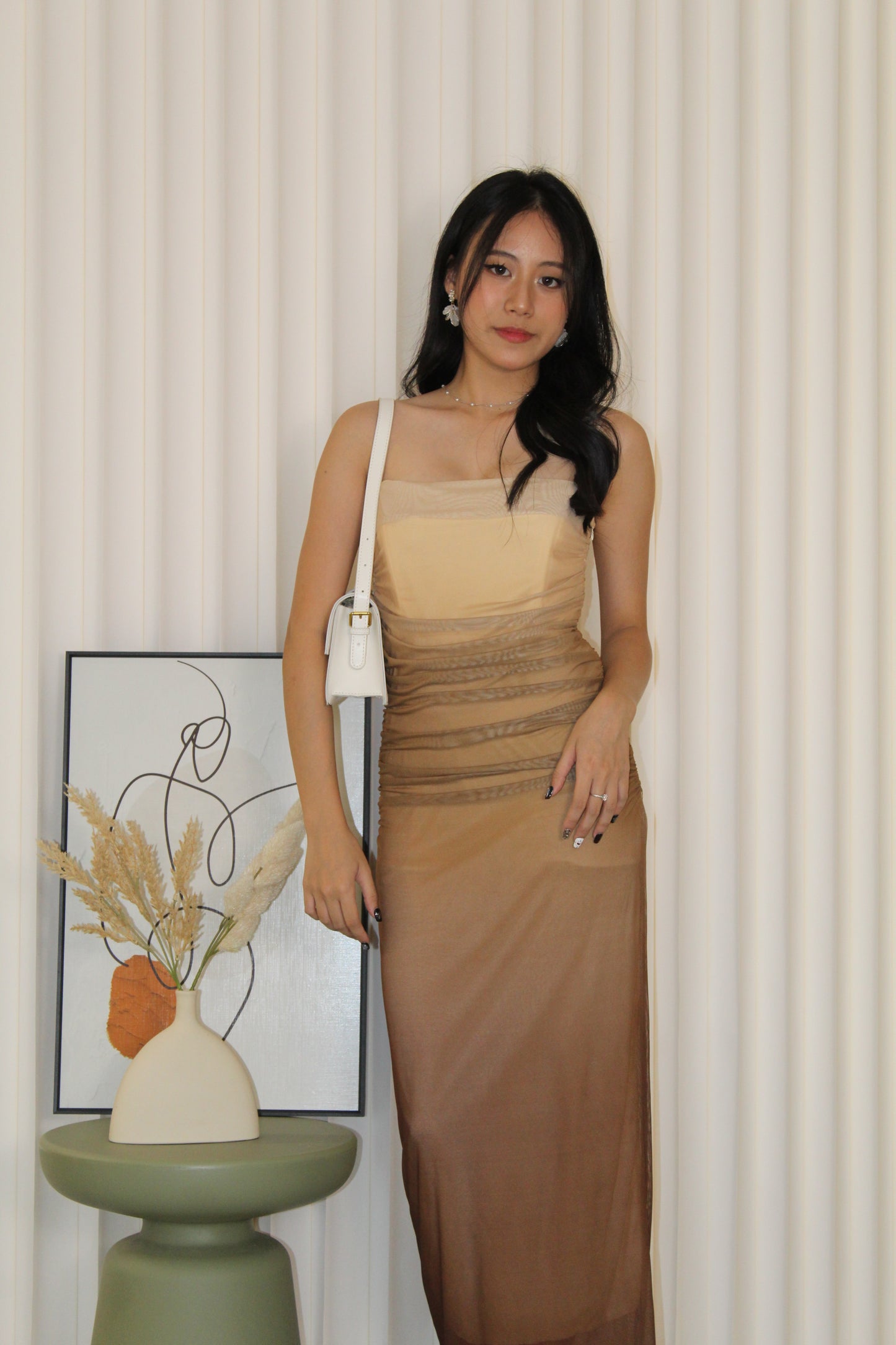 Poppy Ombre Mesh Midaxi Dress (Brown)