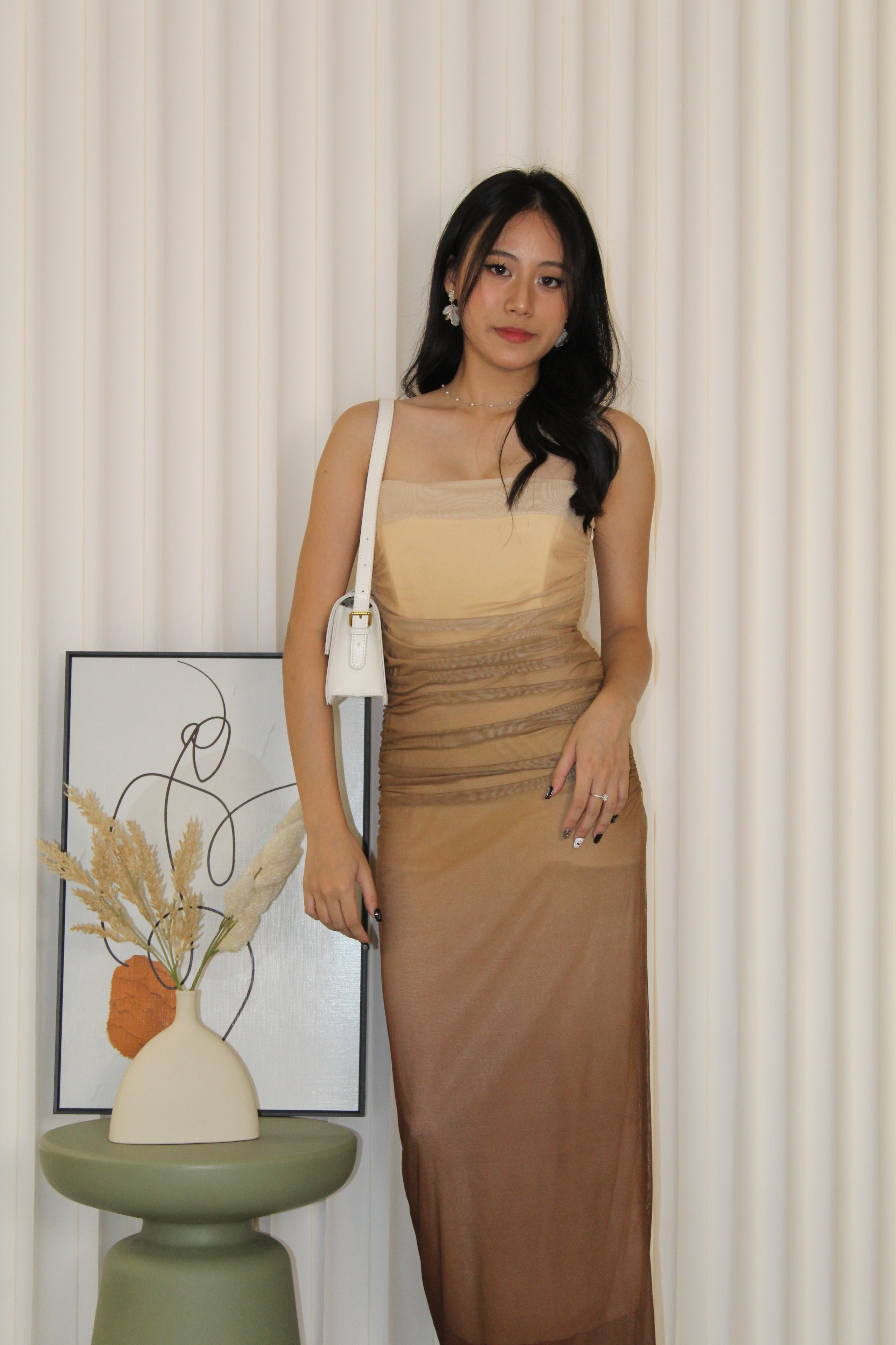 Poppy Ombre Mesh Midaxi Dress (Brown)