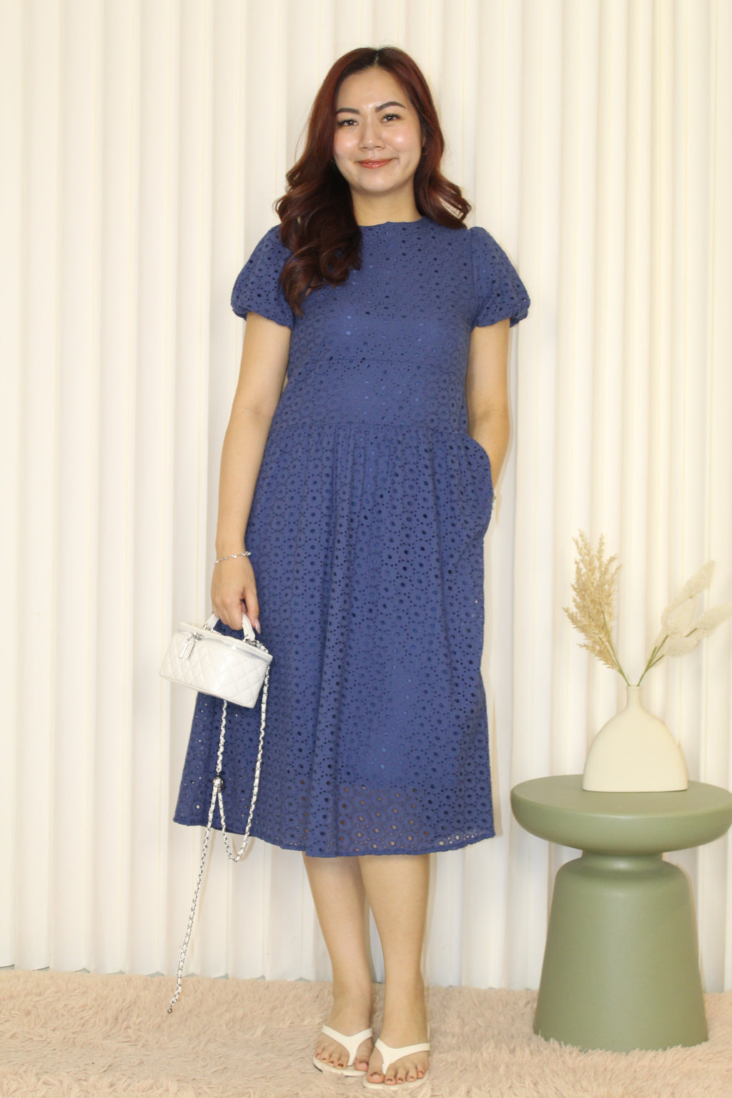 Reese Eyelet Puffy Midi Dress (Blue)