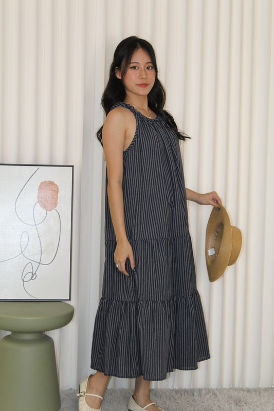 Peyton Stripes Halter Midi Dress (Dark Blue)