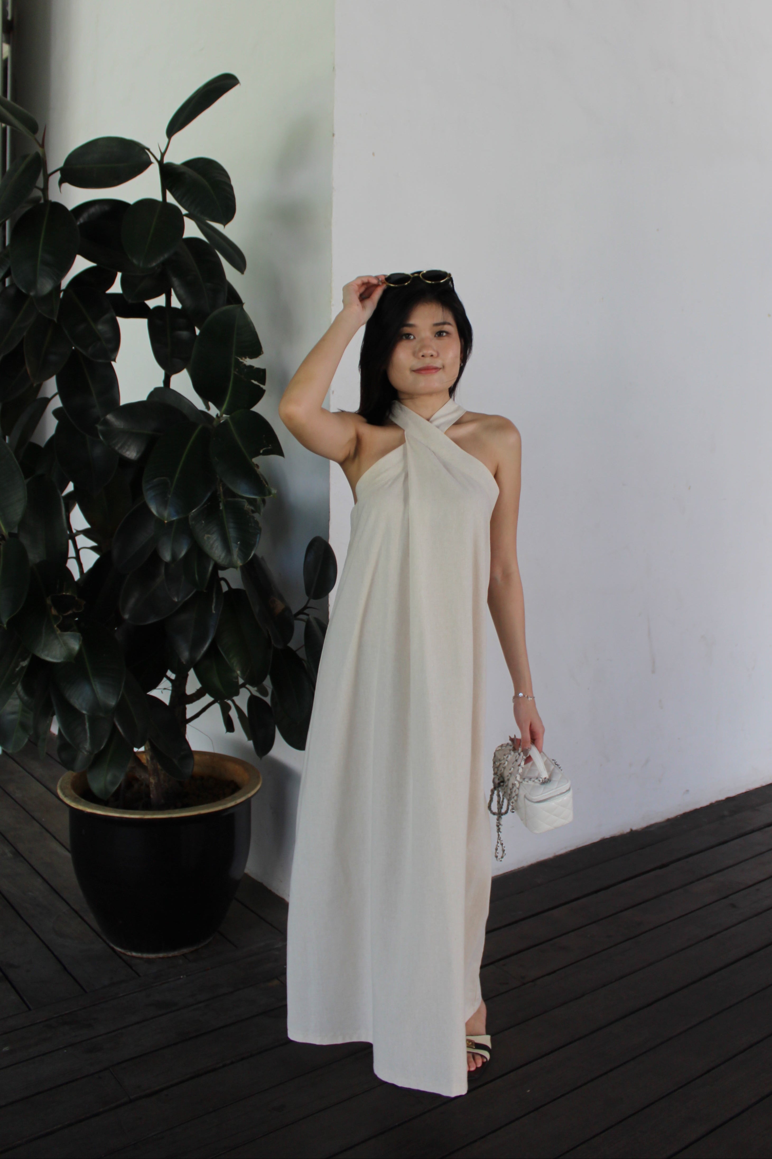 Collin Linen Halter Maxi Dress (Brown)