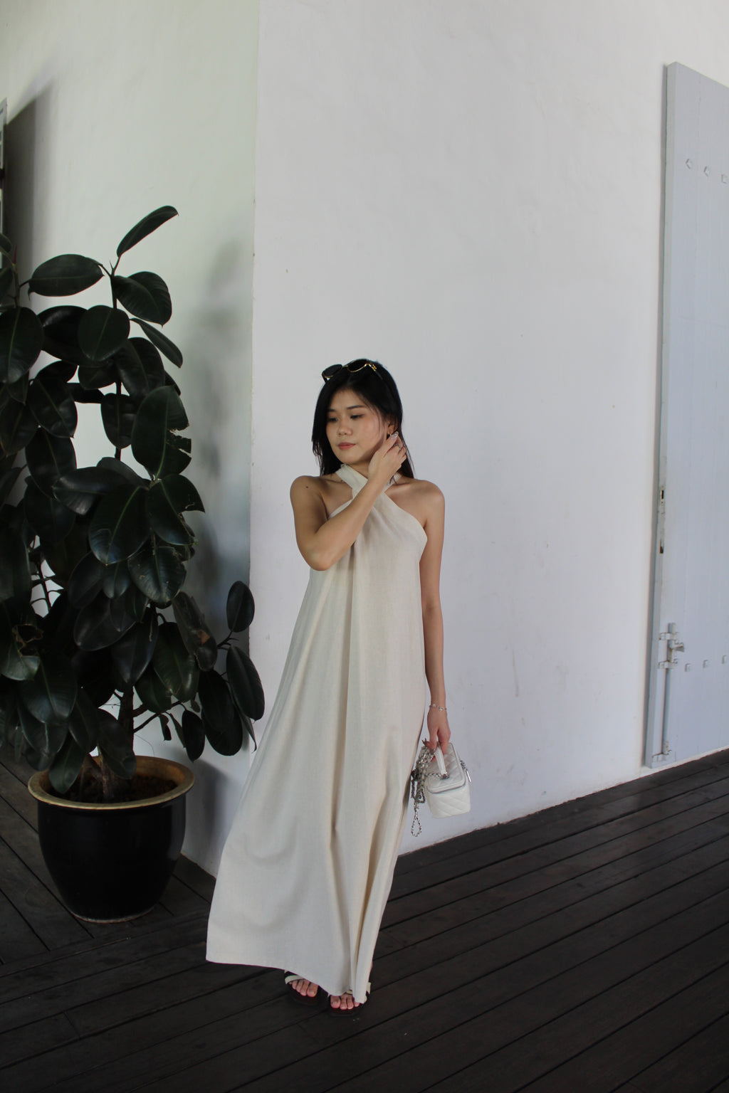 Collin Linen Halter Maxi Dress (Brown)
