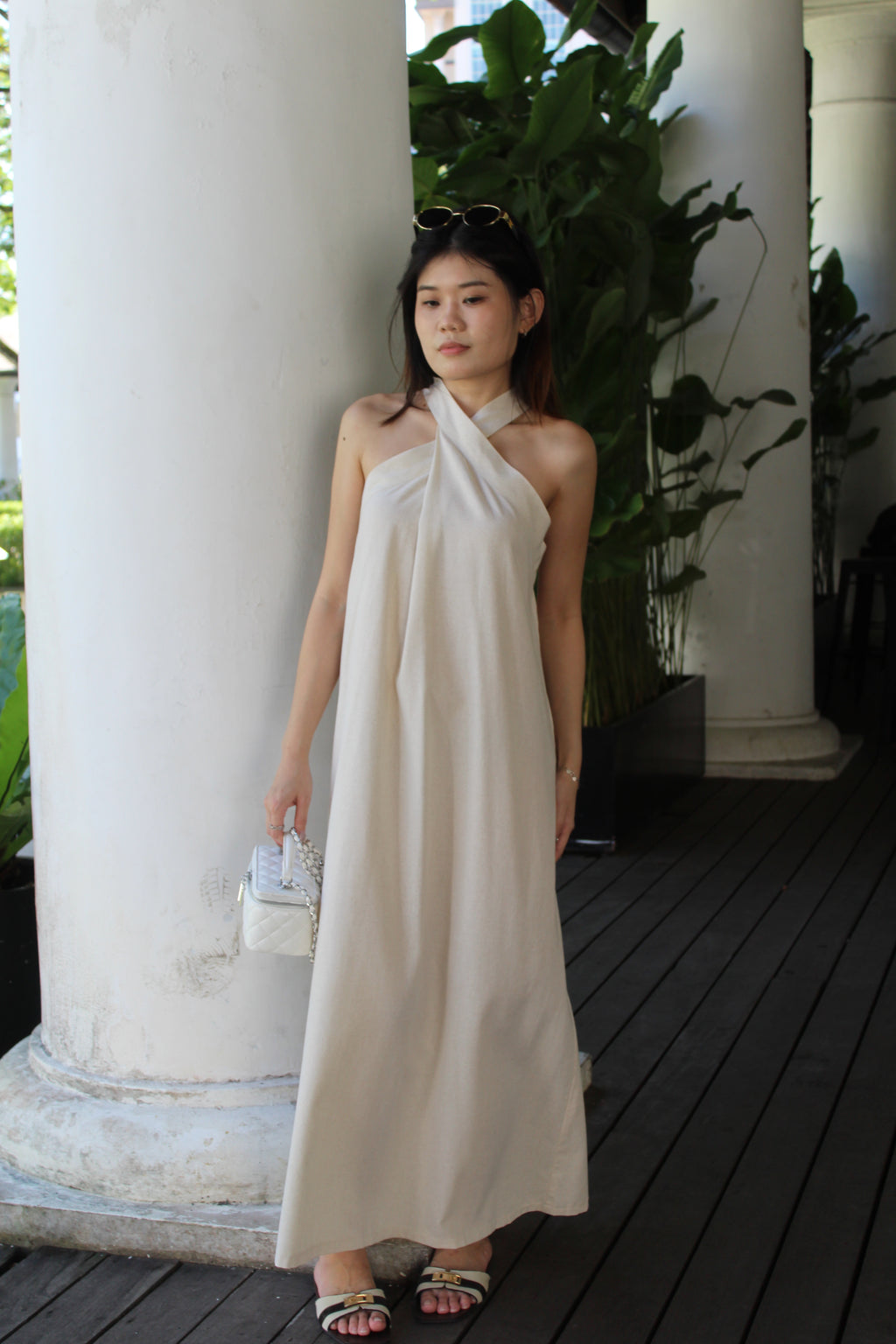 Collin Linen Halter Maxi Dress (Brown)
