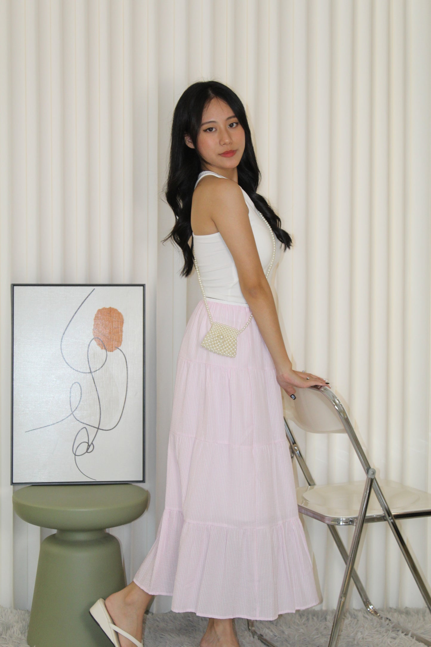 Skylar Stripes Layered Midi Skirt (Pink)