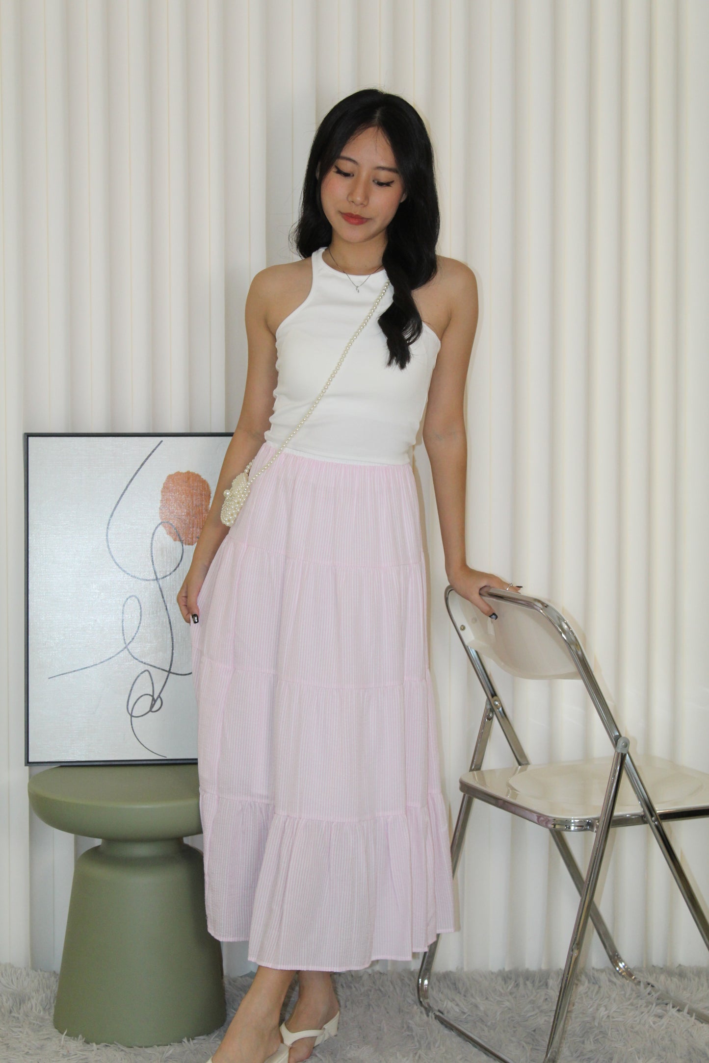 Skylar Stripes Layered Midi Skirt (Pink)